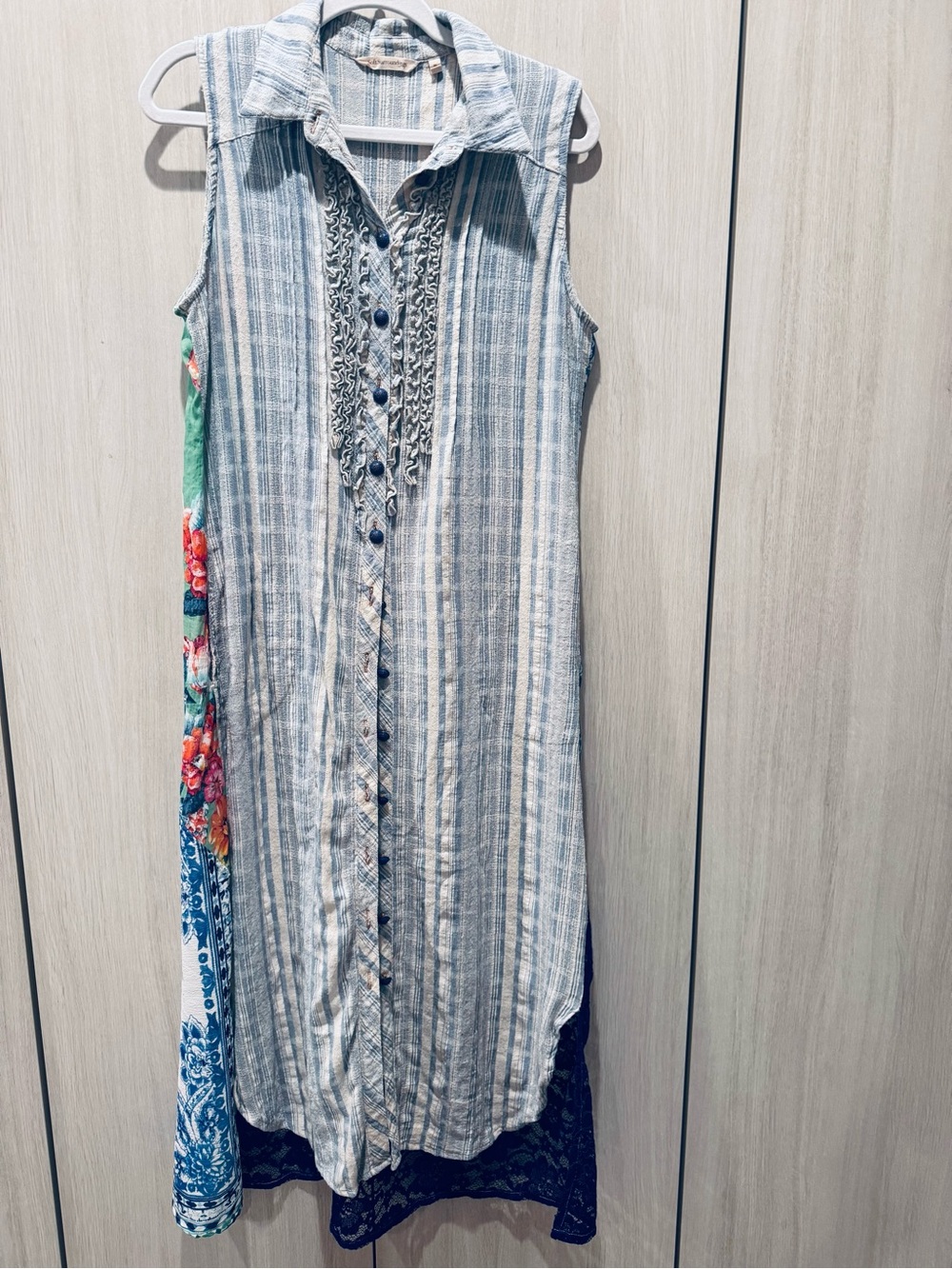Soft Surroundings Blue and Green Striped Button-Front Maxi tunic Dress